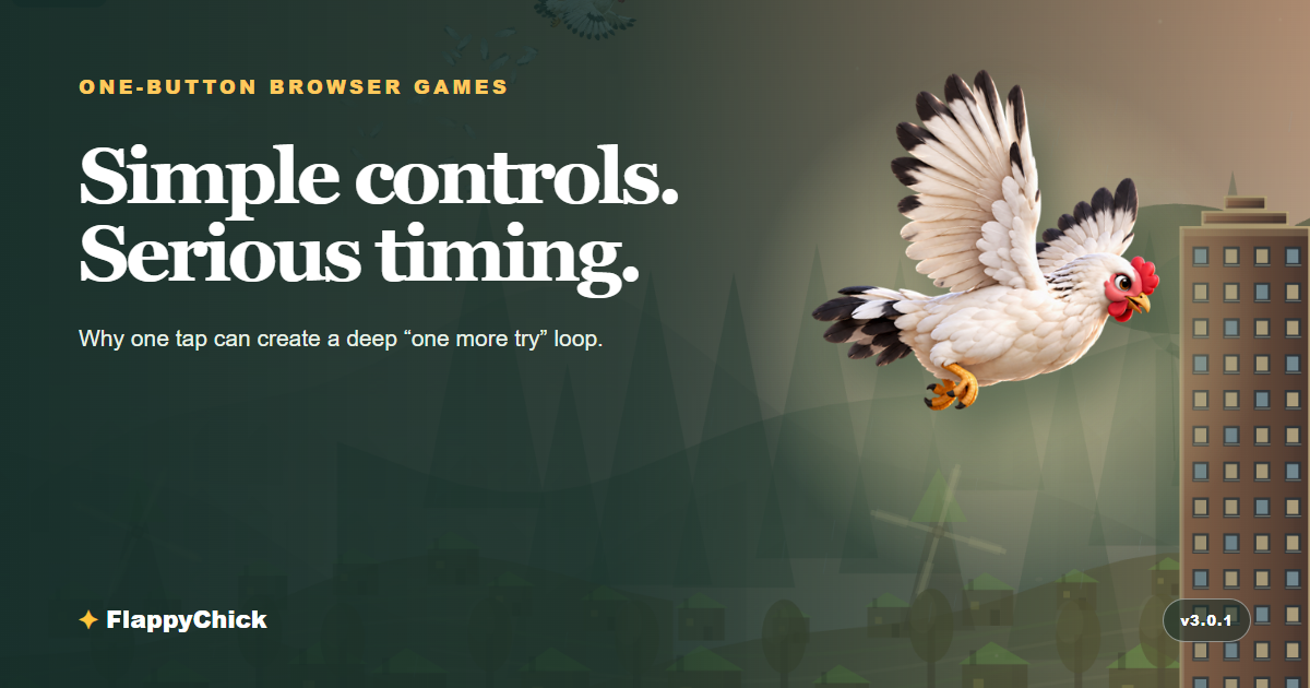 FlappyChick flying through an illustrated one-button browser game scene